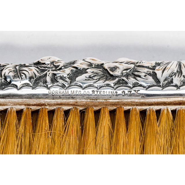 Beautiful Gorham Antique Victorian Floral Repoussé Sterling Silver Vanity Dresser Brushes For Sale - Image 10 of 16