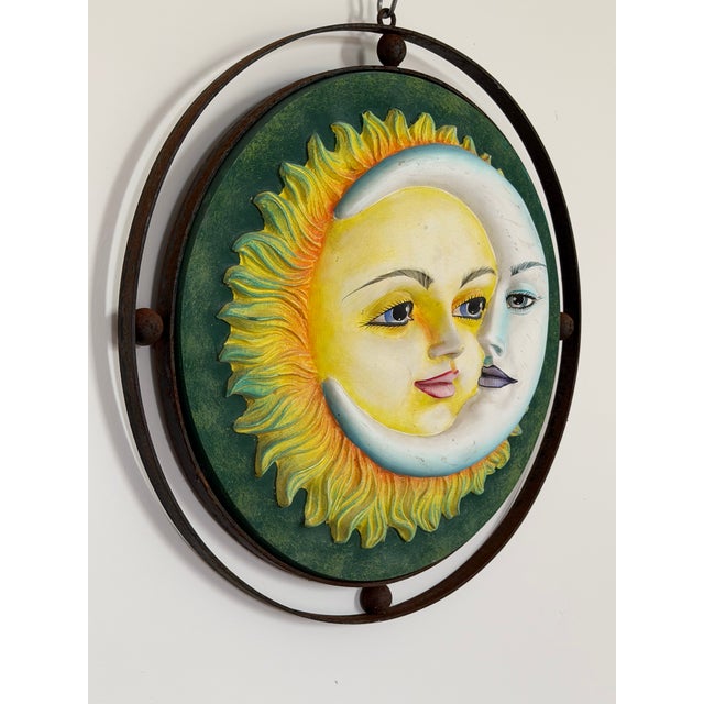 Sergio Bustamante Plaster Painting Sun Moon Rusty Weathered Steel Round (After Sergio Bustamante) For Sale - Image 4 of 18