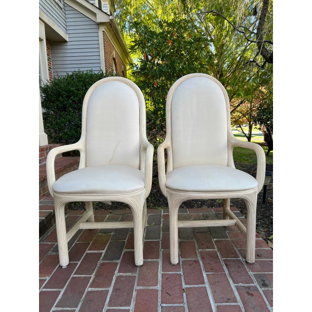 Pair of visually striking, vintage 1980s American Drew organic modern split reed arm chairs. These monotone, Gabriela...