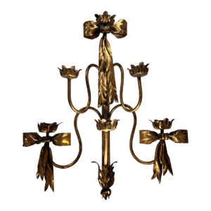 1930's Large Italian Regency Gilt Iron Bow Tie Tole 6 Light Candle Sconce