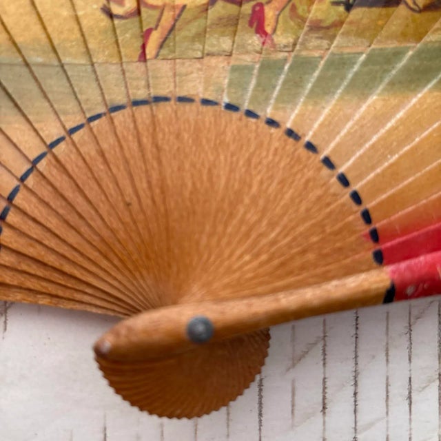 Antique Wooden Hand Painted Fan With Linen Transfer. Spanish Flamenco Dancers. Very Old For Sale - Image 11 of 12