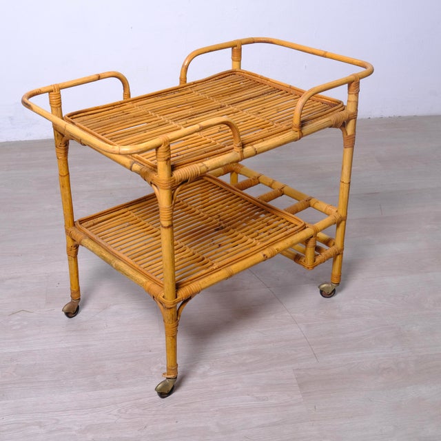 Vintage Italian Bamboo Bar Cart, 1970s, in Good conditions. Designed 1970 to 1979