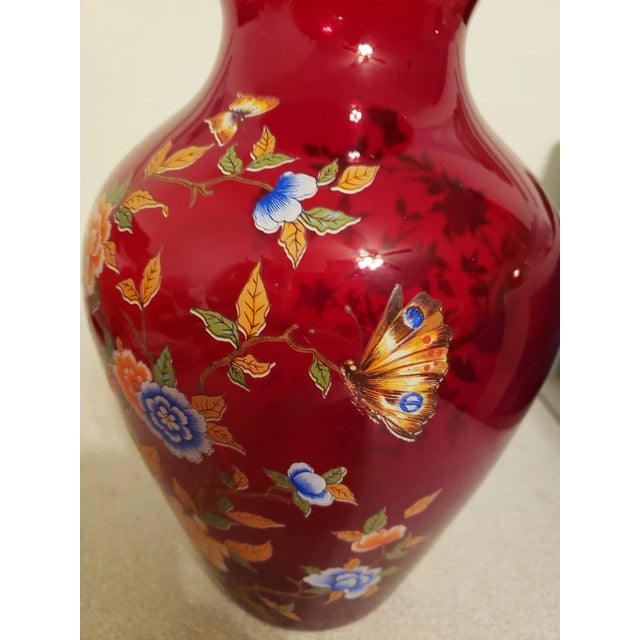 Vintage Norleans Ruby Red W/ Butterflies & Flowers 10" Vase For Sale In Dallas - Image 6 of 6