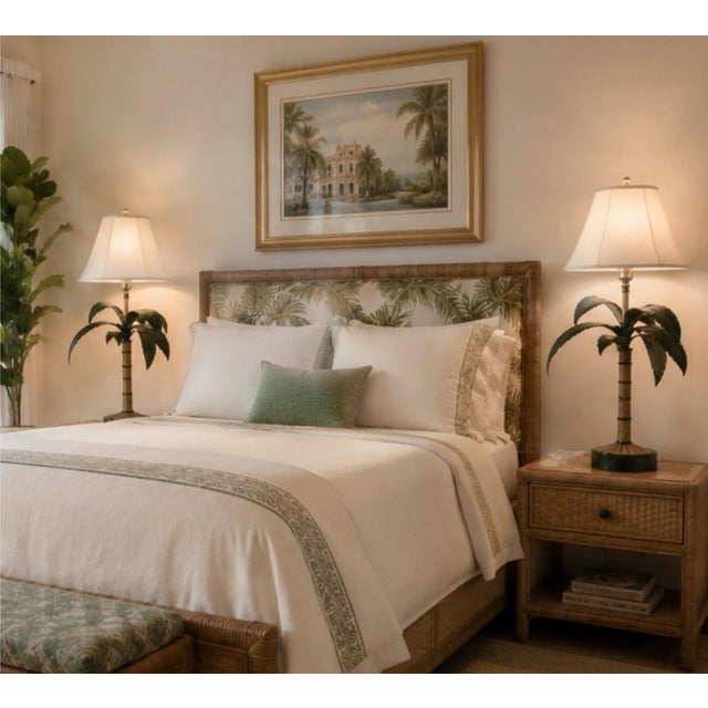 Green Pair of Hollywood Regency Italian Tole Palm Tree Table Lamps For Sale - Image 8 of 12