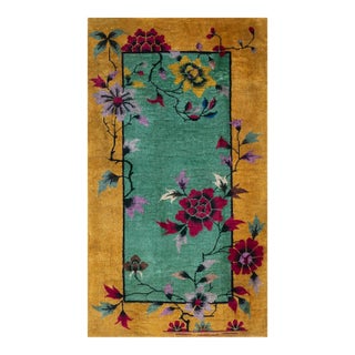 Lovely Celadon Background and Gold Color Border With Pretty Floral Design Antique Chinese Art Deco Rug For Sale