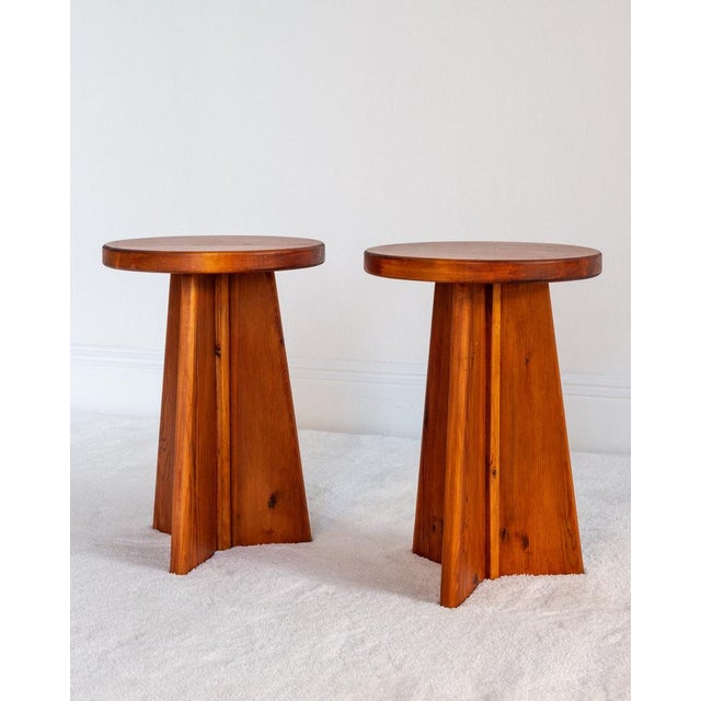 Charming pair of vintage Swedish pine stools from the 1970s–1980s, showcasing classic Scandinavian craftsmanship. These...
