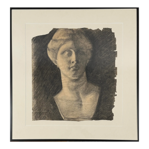Antique 19th Century French Neoclassical Greek Bust Charcoal Sketch, Framed