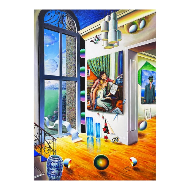 Ferjo, Grand Window, Huge Original Painting on Canvas, Signed, Surrealism, 70 X 50 In. For Sale