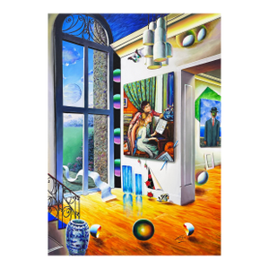 Ferjo, Grand Window, Huge Original Painting on Canvas, Signed, Surrealism, 70 X 50 In.