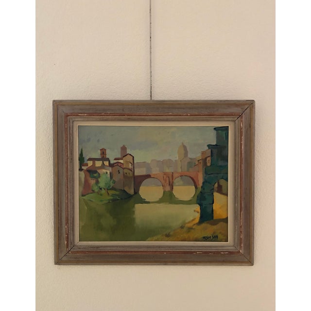 Trevisan, Paysage italien avec pont, Oil on Wood, Framed, in Flawless conditions. Designed 1920 to 1949 This piece has an...