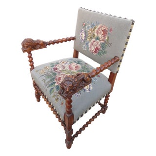 Antique Barley Twist Needle Point Carved Lions Hall or Throne Chair ~ Traditional Style Wood Side Accent Art Seating For Sale