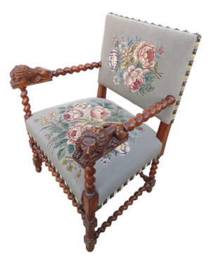 Antique Barley Twist Needle Point Carved Lions Hall or Throne Chair ~ Traditional Style Wood Side Accent Art Seating