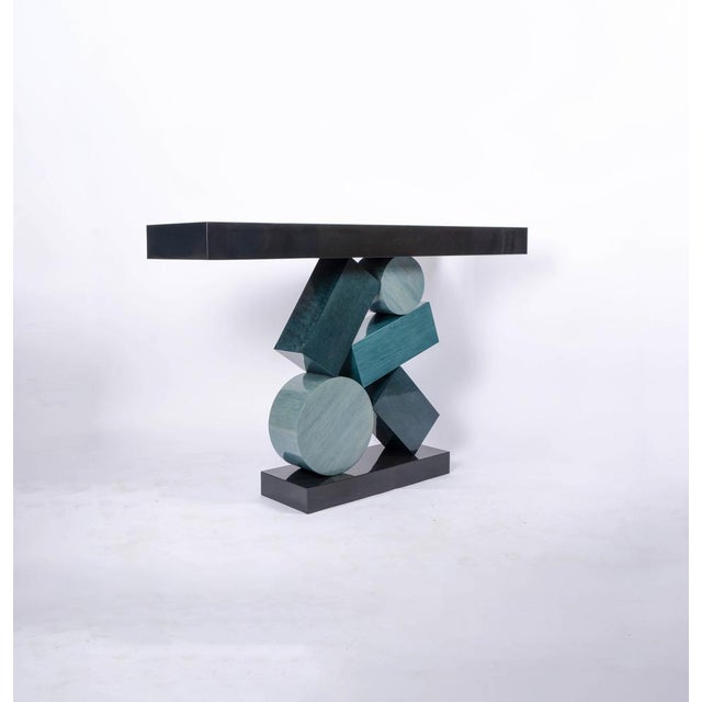 Contemporary Equilibre Console in Blue and Black Tinded Marquetry by Aymeric Lefort For Sale - Image 3 of 18