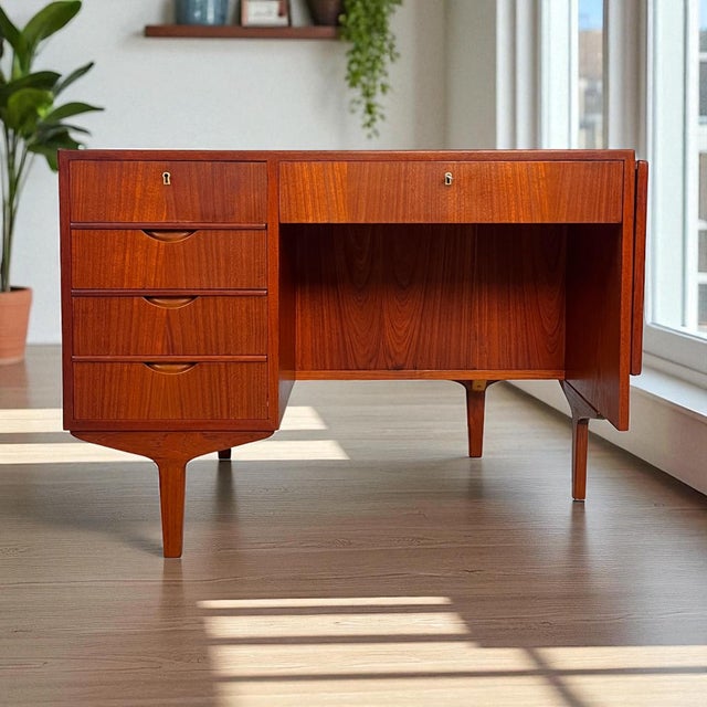 Wood Danish Teak Desk with Fold-out Top and Bookshelves, 1960s For Sale - Image 7 of 13