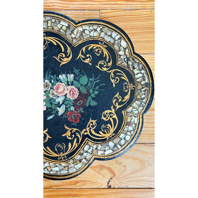 Late 19th Century Antique 19th C Floral, Gold Gilt, Mother of Pearl, Papier Mache Scalloped TableTop/Wall Hanging 22"x18" 1880''s For Sale - Image 5 of 7