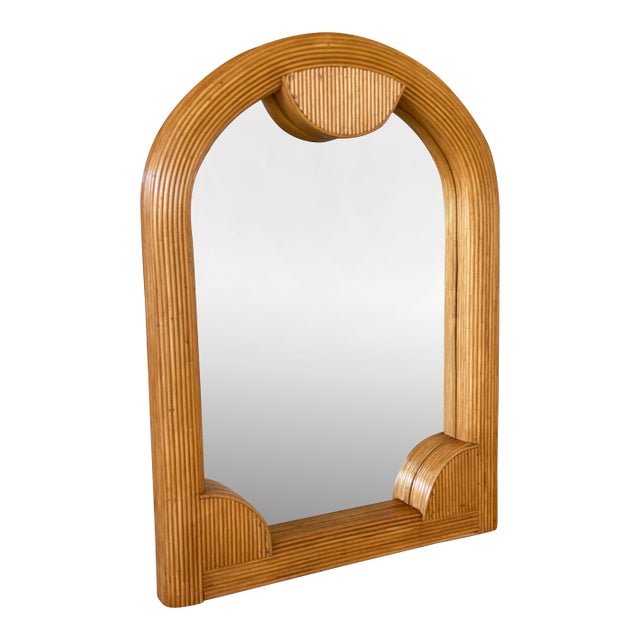 Mid-20th Century Coastal Boho Refinished Pencil Rattan Arched Wall Mirror For Sale