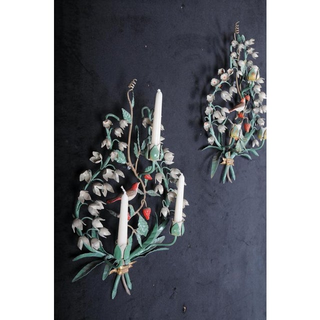 Antique Painted Wrought Iron Wall Candleholders with Lily of the Valley, Set of 2 For Sale - Image 16 of 18