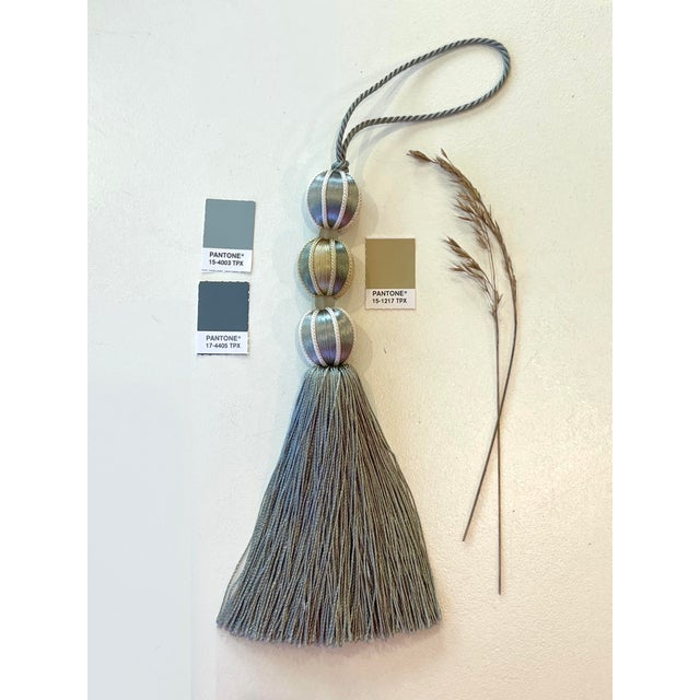 Pair of Beaded Satin Key Tassels in Bluestone Color For Sale - Image 4 of 13