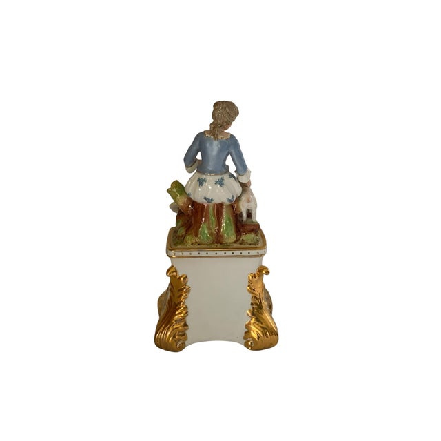 Antique Carl Thieme Dresden Porcelain Mantel Clock Figural Pastoral Woman Lamb Made in Germany 1890s-1900s. Approx. 11...