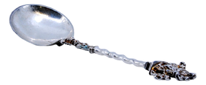 Souvenir Spoon in Silver with Applications, Religious Figures and Twisted Handle