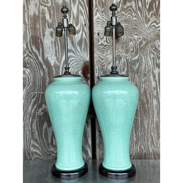 Traditional Vintage Regency Crackle Glaze Lamps - a Pair For Sale - Image 3 of 5