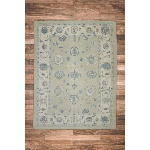 Textile Early 21st Century Green Floral Design Handwoven Wool Turkish Oushak Rug 6'1" X 8'2" For Sale - Image 7 of 8
