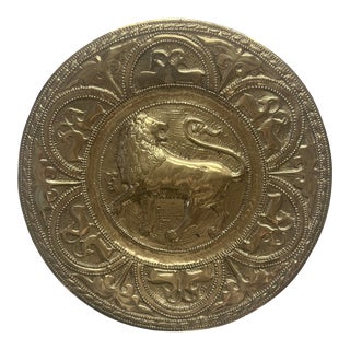 Vintage Large Brass Repoussé Lion and Rams Charger For Sale