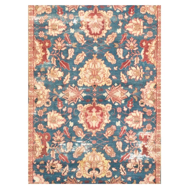 Vintage Distressed Handmade Blue and Peach Floral Wool Rug For Sale - Image 4 of 9