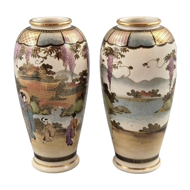Japanese Shozan Satsuma Vases with Figural Garden Scenes, 1900s, Set of 2 For Sale - Image 3 of 12