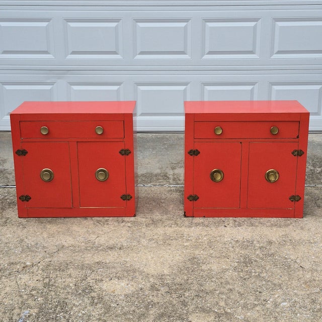 This is a great pair of midcentury modern Asian style cabinets that can be used as nightstands or end tables, or they can...