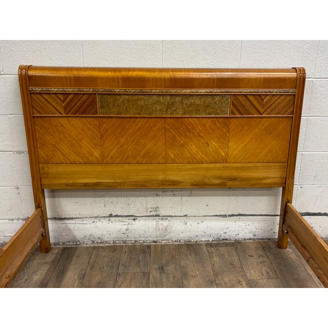 Brown Vintage Full Size Art Deco Waterfall Satinwood Veneer Sunburst Bed For Sale - Image 8 of 11