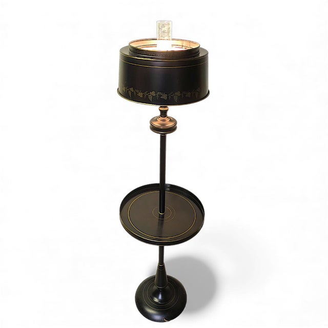 French Country Vintage French Empire Bouillotte Black Tole Floor Lamp With Metal Shade Drinks Table For Sale - Image 3 of 10