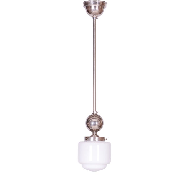 Czech Bauhaus Pendant in Chrome-Plated Steel and Opaline Glass, 1930s For Sale