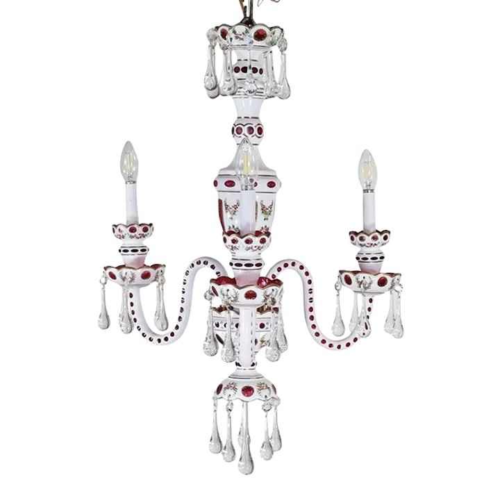 Circa 1930 Czechoslovakian Chandelier With Cranberry and White
