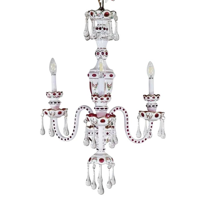 Circa 1930 Czechoslovakian Chandelier With Cranberry and White