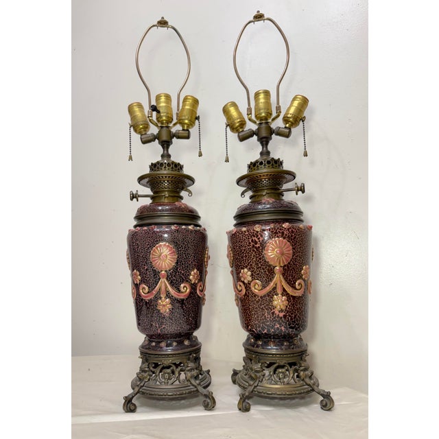 Victorian Rare Pair Antique 19th Century Hinks & Son Duplex Electrified Porcelain Bronze Oil Lamp For Sale - Image 3 of 15