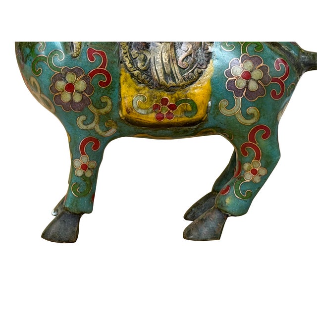 Metal Vintage Chinese Turquoise Blue Flower Cloisonné Enamel Horse Statue For Sale - Image 7 of 13