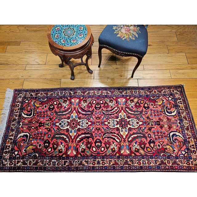 Salmon Vintage Persian Lilian Rug, Handknotted Wool, Geometric Pattern, Red & Ivory, 3x7 For Sale - Image 8 of 18