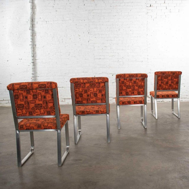 Orange Art Deco to Streamline Modern Railroad Dining Car Chairs in Stainless Steel & Orange Abstract Upholstery For Sale - Image 8 of 12