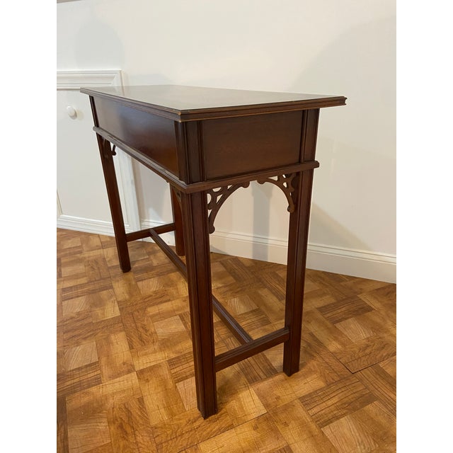 Vintage Late 20th Century Councill Hall Table With ChippendaleFretwork Trim and Banded Mahogany Top For Sale - Image 6 of 8