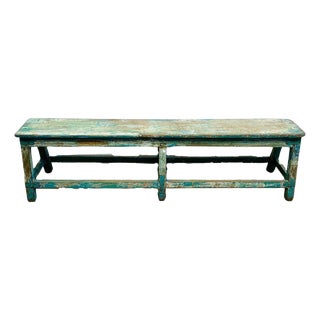 Early 20th Century Antique Rustic Turquoise Hand-Painted Bench With Distressed Patina For Sale