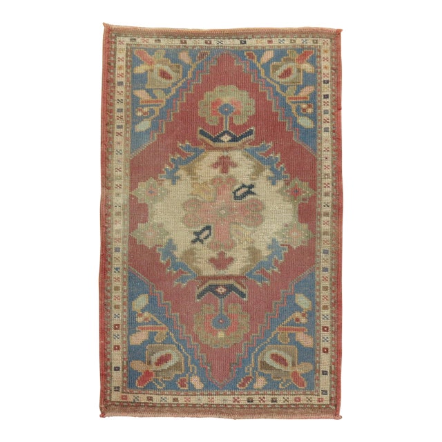 Rosy Pink and Blue Vintage Turkish Mat For Sale