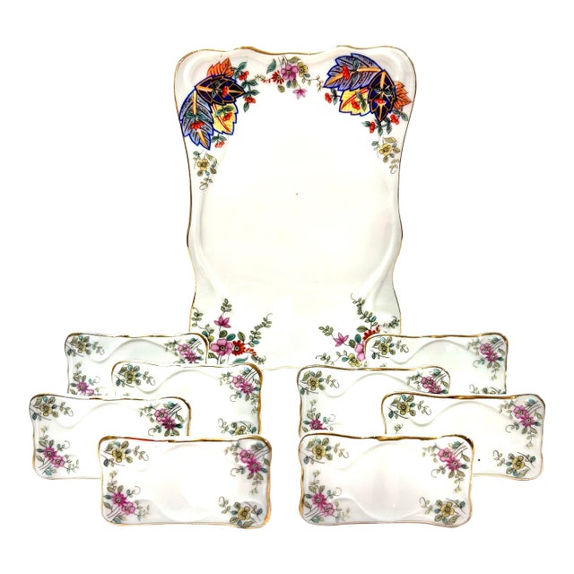 1960s Mann Porcelain Place Card Holders and Message Board – Tobacco Leaf Pattern – Set of 9 For Sale