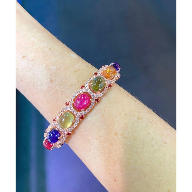Bochic “Capri” Red Ruby & Multi Color Sapphires Bangle Set In 18K Gold & Silver Natural Blue Sapphire Natural Yellow...