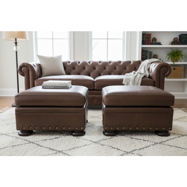 1960s Classic Pair of Brown Leather Ottomans With Brass Nailhead Trim For Sale - Image 16 of 16