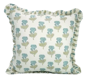 Fabdivine Artisan Block Print Throw Frill Pillow Cover Blue 14x14 Inch Thick Cotton White- Manmohan