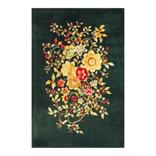 1920s Army Green Floral Medallion Haute Modern Knotted Wool Antique Chinese Art Deco Rug For Sale