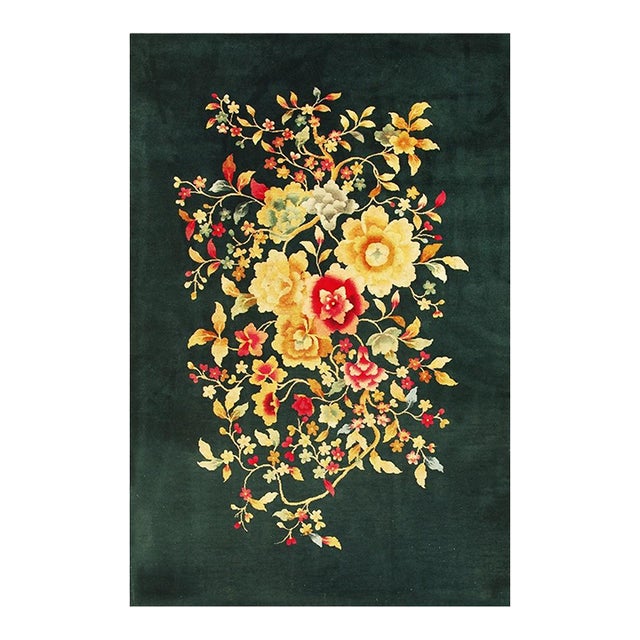1920s Army Green Floral Medallion Haute Modern Knotted Wool Antique Chinese Art Deco Rug For Sale