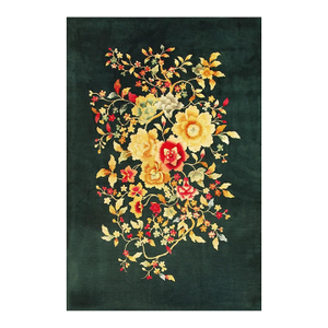 1920s Army Green Floral Medallion Haute Modern Knotted Wool Antique Chinese Art Deco Rug