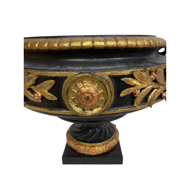 Black Neoclassical Black and Gilt Cast Iron Planters - A Pair For Sale - Image 8 of 12